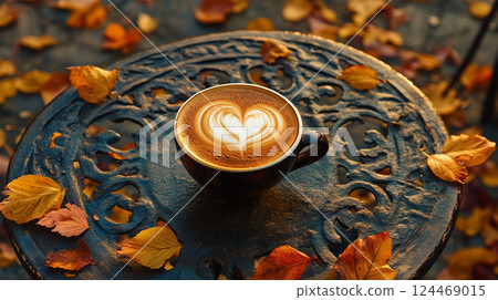 A cup of latte art on a vintage table with autumn leaves A cup of latte art on a vintage table with autumn leaves 124469015