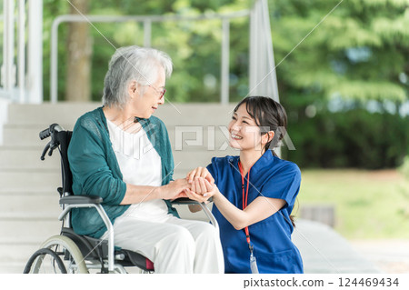 Nurses, care workers, physical therapists, occupational therapists, speech-language-hearing therapists working in nursing care facilities and hospitals, and elderly and senior women 124469434