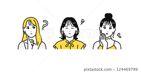 Simple icon set of three worried stylish young women 124469799