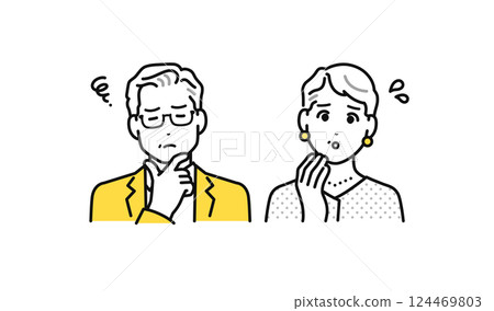 Simple character icon set of a troubled wealthy senior couple 124469803