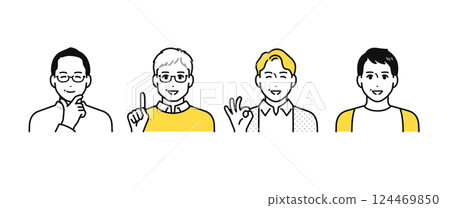Simple icon set of four smiling middle-aged men Simple icon set of four smiling middle-aged men 124469850