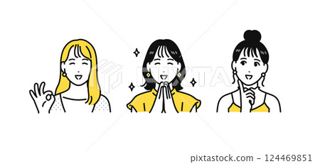 三個時尚年輕女性面帶微笑、開心的簡單圖標集 三個時尚年輕女性面帶微笑、開心的簡單圖標集 124469851