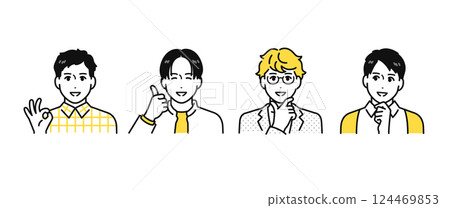 Simple character icon set of four smiling happy casual young men Simple character icon set of four smiling happy casual young men 124469853