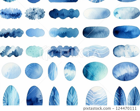 Watercolor palette displaying blue tones creating cloud-like shapes, ovals, leaves, and abstract forms, serving as expressive artistic design element 124470111