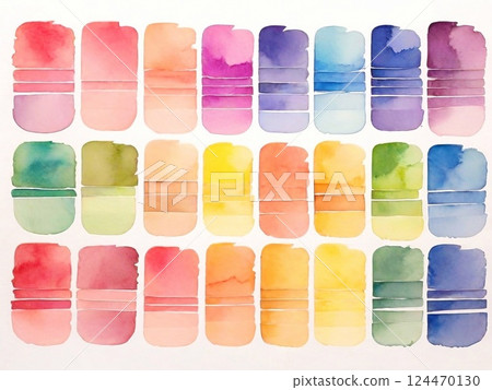 Vibrant watercolor samples spreading across crisp white paper, revealing gradual color transitions and harmonious blending of artistic palette 124470130