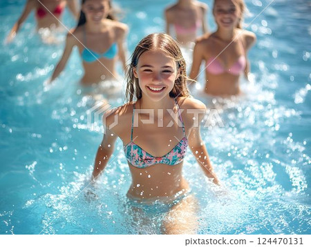 Teenage girls laughing, splashing in resort pool's bright blue water, sharing joyful summer moments and creating playful water sprays 124470131
