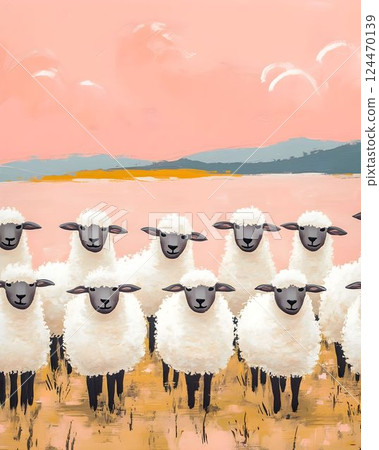 Golden grass surrounding grazing sheep under pink sunset, dark hills forming serene pastoral landscape with soft contemporary painting style 124470139