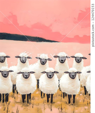 Golden grass surrounding grazing sheep under pink sunset, dark hills forming serene pastoral landscape with soft contemporary painting style 124470153