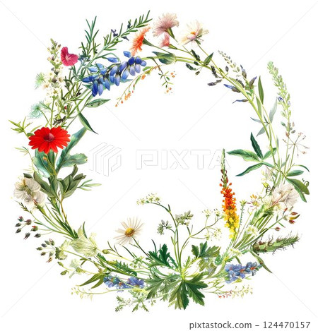 Colorful wildflower wreath surrounding white negative space, featuring delicate blooms and lush greenery creating elegant circular botanical frame 124470157