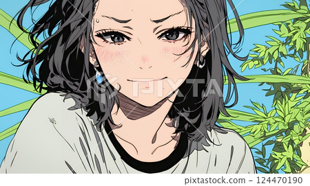 A woman smiling wryly (feeling awkward, confused, self-deprecating, and in inner conflict) 124470190