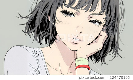 A woman smiling wryly (feeling awkward, confused, self-deprecating, and in inner conflict) 124470195