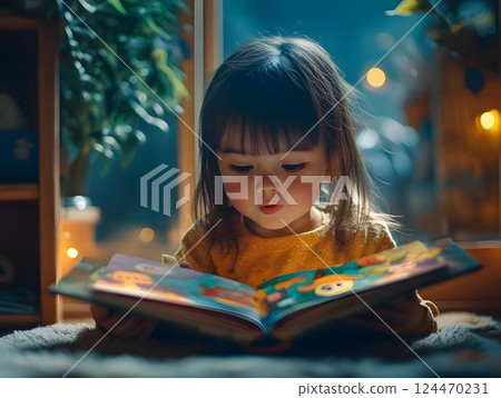 Infant lying on stomach, intently reading colorful picture book, exploring pages with curiosity during peaceful learning moment in soft, warm bedroom setting 124470231