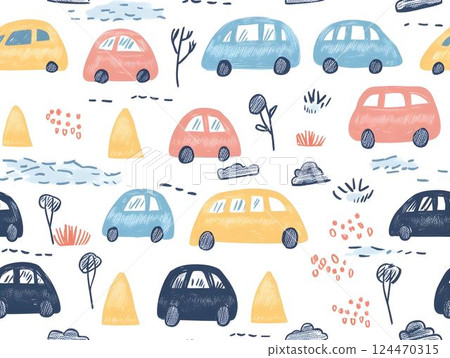 Colorful vehicles traversing scenic roadway amid stylized greenery, forming vibrant repeating pattern with dynamic, whimsical automotive landscape design Colorful vehicles traversing scenic roadway amid stylized greenery, forming vibrant repeating pattern with dynamic, whimsical automotive landscape design 124470315