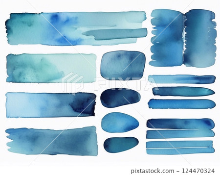 Watercolor brushstrokes blending blue hues, forming soft, ethereal abstract pattern with dynamic texture and visual depth 124470324