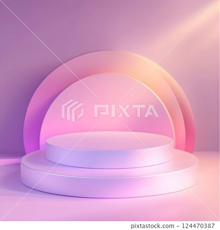 Pink cylindrical pedestal standing in pastel studio environment, featuring gradient backdrop with soft illumination, presenting minimalist product display design 124470387