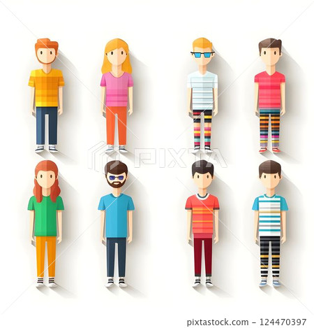 Multicolored geometric silhouettes depicting diverse human figures walking, interacting, standing in dynamic modern graphic illustration Multicolored geometric silhouettes depicting diverse human figures walking, interacting, standing in dynamic modern graphic illustration 124470397