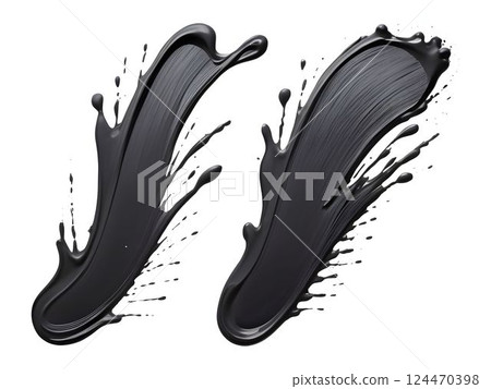 Black paint splashes creating dynamic abstract shapes with dramatic contrast, revealing bold artistic movement against crisp white backdrop 124470398