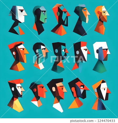 Stylized geometric heads representing diverse individuals, capturing unique facial characteristics with contemporary graphic design approach 124470433