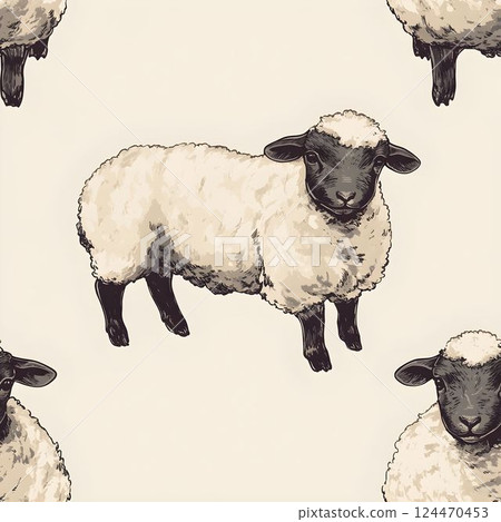 Seamless pattern displaying hand-sketched sheep, black-headed with beige body, creating rustic textile and wallpaper design with whimsical pastoral charm Seamless pattern displaying hand-sketched sheep, black-headed with beige body, creating rustic textile and wallpaper design with whimsical pastoral charm 124470453
