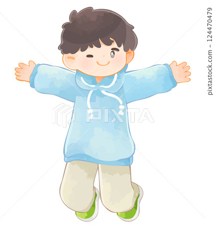 男孩張開雙臂跳躍 男孩張開雙臂跳躍 124470479