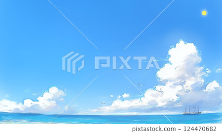 夏日藍天碧海白雲的比較（蠟筆+水彩風格） 124470682