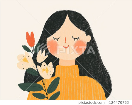 手持鮮花的女子，採用柔和的粉彩藝術風格 124470763