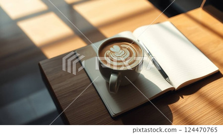Cozy Coffee Shop Table with Cappuccino 124470765