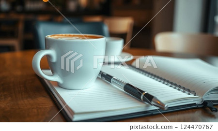 Cozy Coffee Shop Table with Cappuccino 124470767