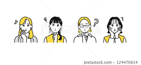 A simple icon set of a fashionable business person with a worried expression A simple icon set of a fashionable business person with a worried expression 124470814