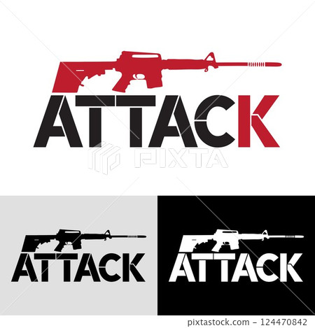 Aggressive Military-Style Logo Featuring an Assault Rifle. Attack modern typography logo design. A bold logo design featuring an assault rifle superimposed over the word "ATTACK" in a stylized, impact 124470842