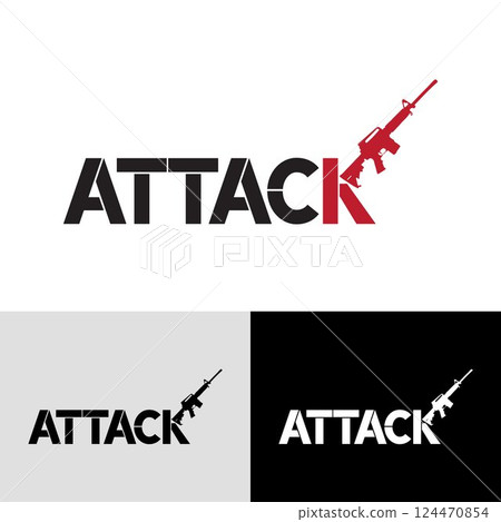 Attack modern typography logo design. Modern logo design featuring "ATTACK" text with rifle graphic. A logo design featuring the word "ATTACK" in a bold, stylized font with a rifle graphic overlaid. 124470854