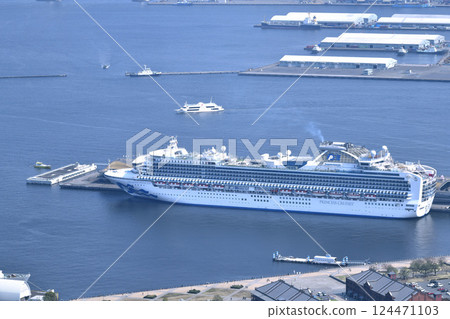 Yokohama cityscape in Japan, overlooking the Diamond Princess at Osanbashi Pier (Europa 2 was arriving for the first time that day). Yokohama cityscape in Japan, overlooking the Diamond Princess at Osanbashi Pier (Europa 2 was arriving for the first time that day). 124471103
