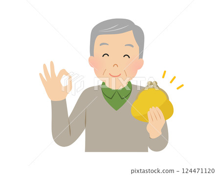 一位老人拿著錢包並做出 OK 手勢的向量插圖 124471120