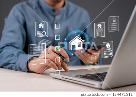 Online housing market and real estate innovation. A professional using digital tools for home searching, property investment, and virtual real estate transactions. 124471511