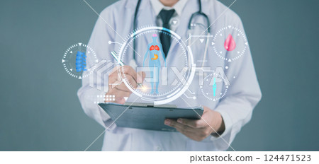 medical hologram displays human anatomy and vital health data physician's . Modern healthcare digital body scan system. Virtual medical interface shows spine structure, blood analysis, and full-body 124471523