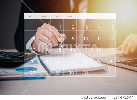 Business professional planning workflow solutions a schedule using a calendar overlay, highlighting time management and task prioritization. Business professional planning workflow solutions a schedule using a calendar overlay, highlighting time management and task prioritization. 124471544