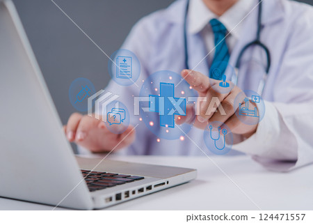 Medical technology healthcare services. innovation, digital solutions in hospitals and clinics. Doctor interacts with virtual health icons, representing patient care and insurance support. Medical technology healthcare services. innovation, digital solutions in hospitals and clinics. Doctor interacts with virtual health icons, representing patient care and insurance support. 124471557