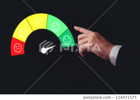 Icons and symbols representing a customer survey with ratings, emotions, and scores, emphasizing user feedback and company commitment to excellence. 124471575