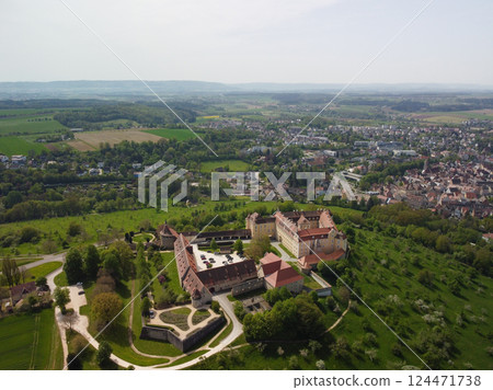 Stunning aerial view of Castle Ellwangen,showcasing its historic architecture  124471738