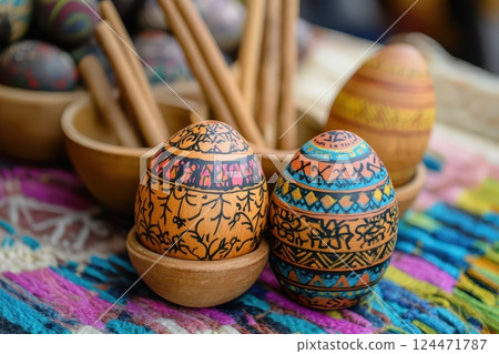 Colorful decorated eggs on wooden stands in market Colorful decorated eggs on wooden stands in market 124471787