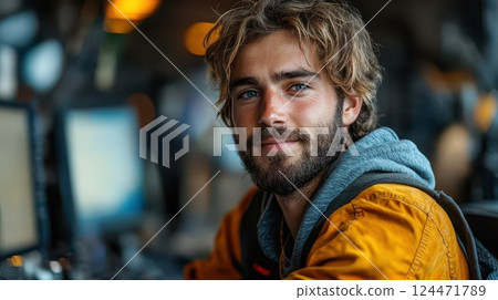 Young man smiling at work in a busy environment 124471789