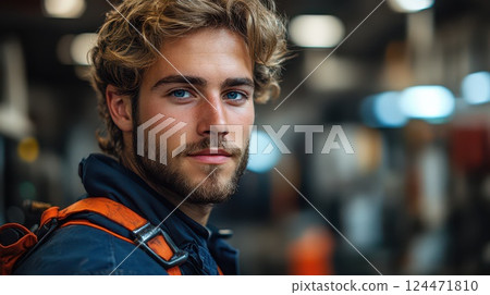 Young man with beard in industrial setting 124471810