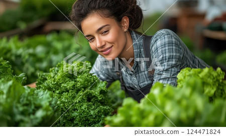 Young woman gardening and tending to fresh lettuce 124471824
