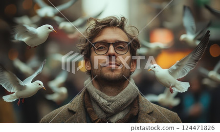 Man surrounded by flying birds in urban setting 124471826
