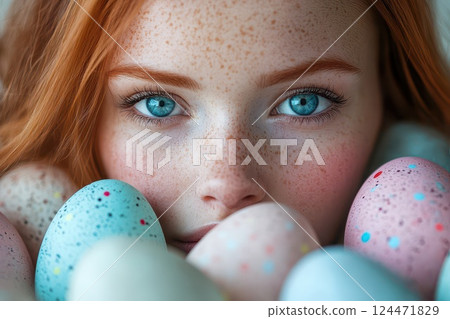 Young girl surrounded by colorful Easter eggs 124471829