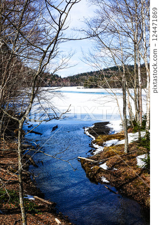 北海道足寄市初春積雪融化時的遠內湖水面 北海道足寄市初春積雪融化時的遠內湖水面 124471869