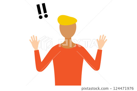 A simple illustration of a man in a red shirt raising his hand in surprise 124471976