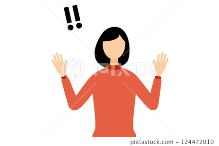 A simple illustration of a woman wearing a red turtleneck raising her hand in surprise 124472010