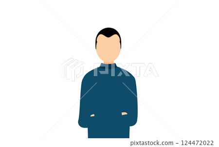 一位男士身穿藍色高領衫，雙臂交叉的簡單插圖 124472022