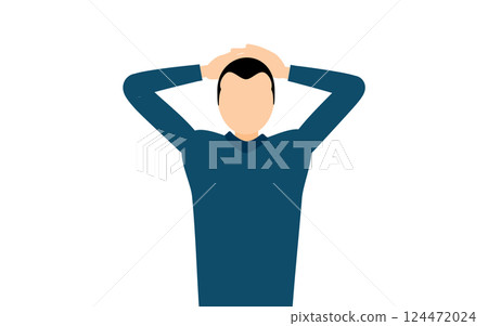 一個簡單的插圖，一個男人穿著藍色高領毛衣，雙手放在腦後 124472024